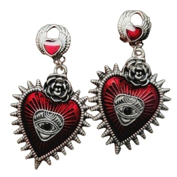 Love All Seing Dangle Earrings Rose & Heart Spikes Mystical Eye Red Enamel Goth - Picture 7 of 15